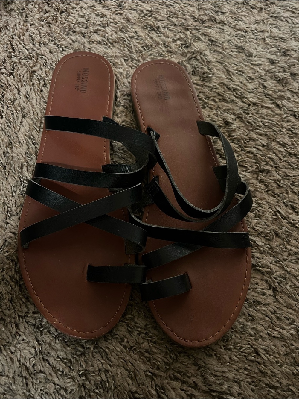 Black Strappy Leather Slide Sandals - Women